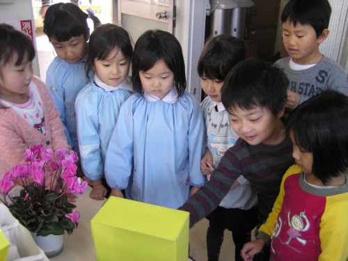 『募金箱』に家庭からの募金を入れる子ども達 『募金箱』に家庭からの募金を入れる子ども達